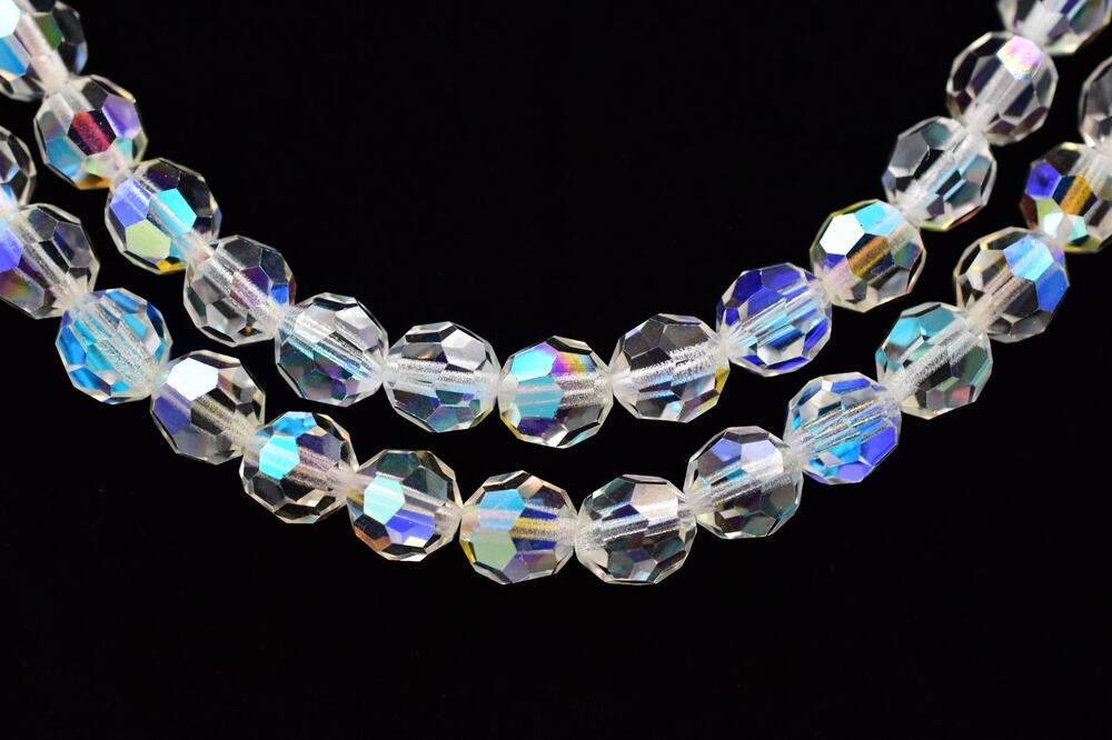 Vintage 50" AB Crystal Beaded Necklace Long Strand Aurora Borealis 1950s BinE